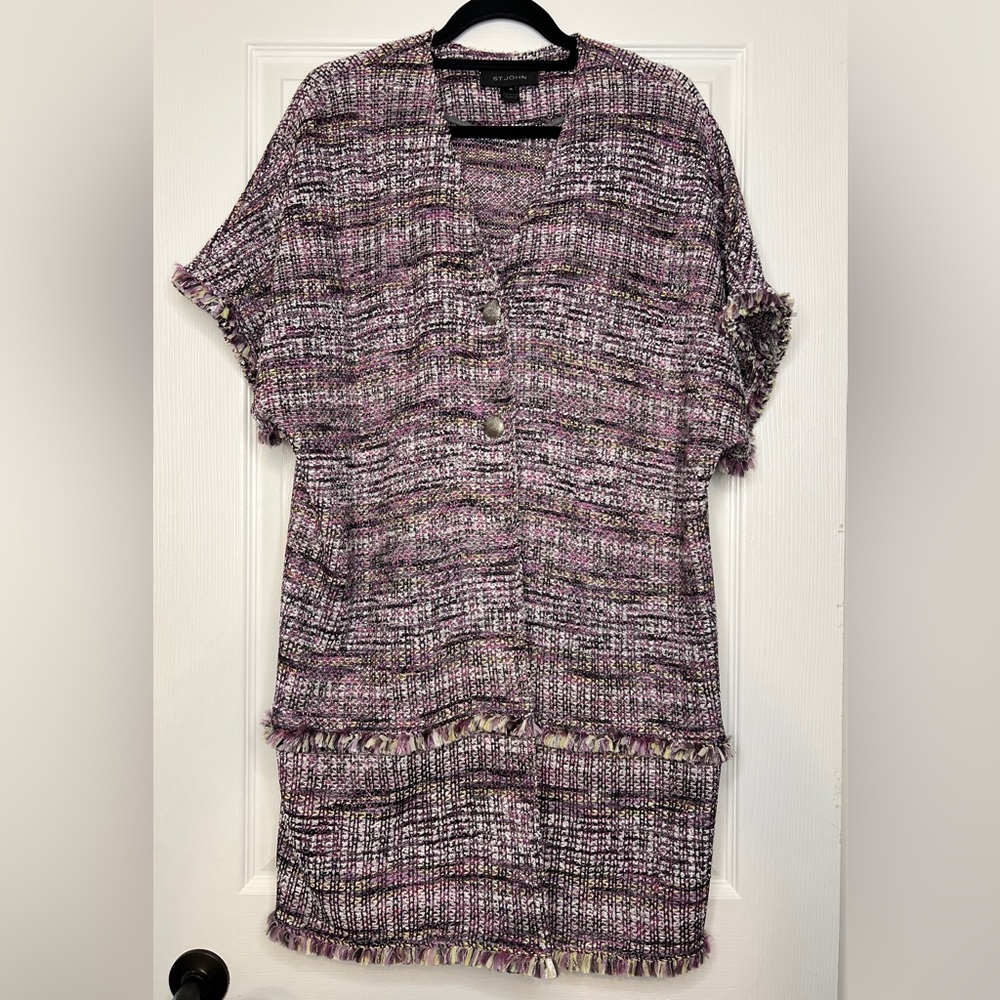 St. John Longline Tweed Fringe Knit Jacket Pink Purple Mix Size XL
